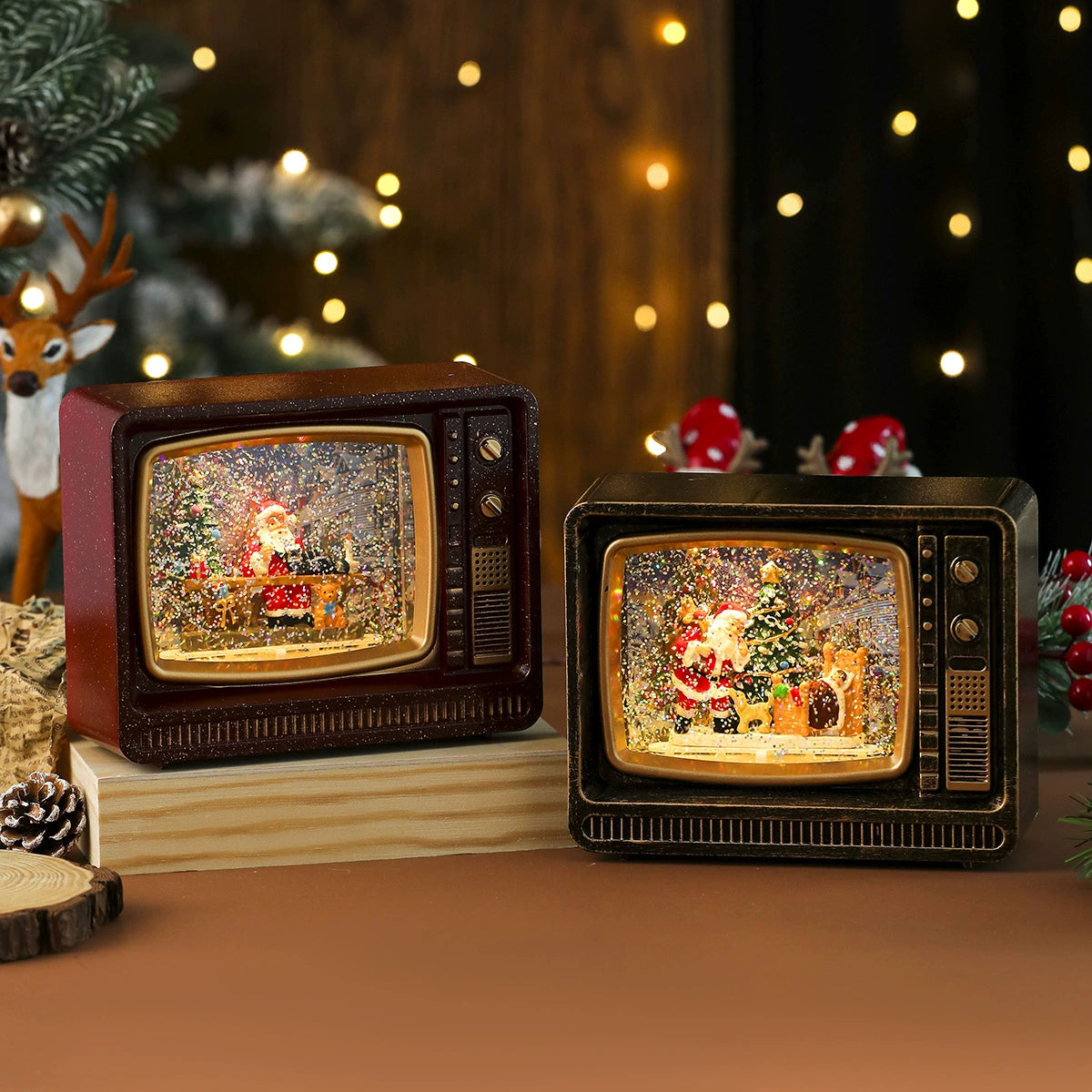 Christmas Musical Snowing TV Decoration - Light-Up Water Globe Ornament with Music Box, Santa & Snowman Figurines