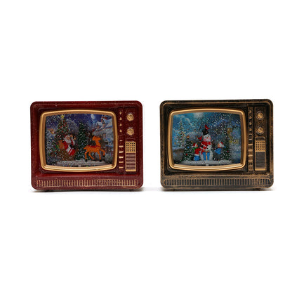 Christmas Musical Snowing TV Decoration - Light-Up Water Globe Ornament with Music Box, Santa & Snowman Figurines