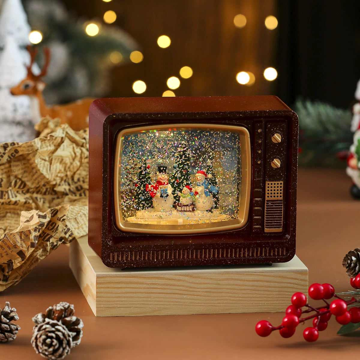 Christmas Musical Snowing TV Decoration - Light-Up Water Globe Ornament with Music Box, Santa & Snowman Figurines