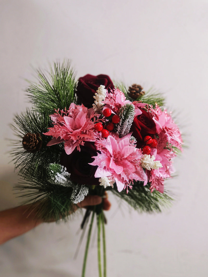 17 Pcs Artificial Christmas Flowers Bouquet, Mixed Colors, Holiday Floral Arrangement