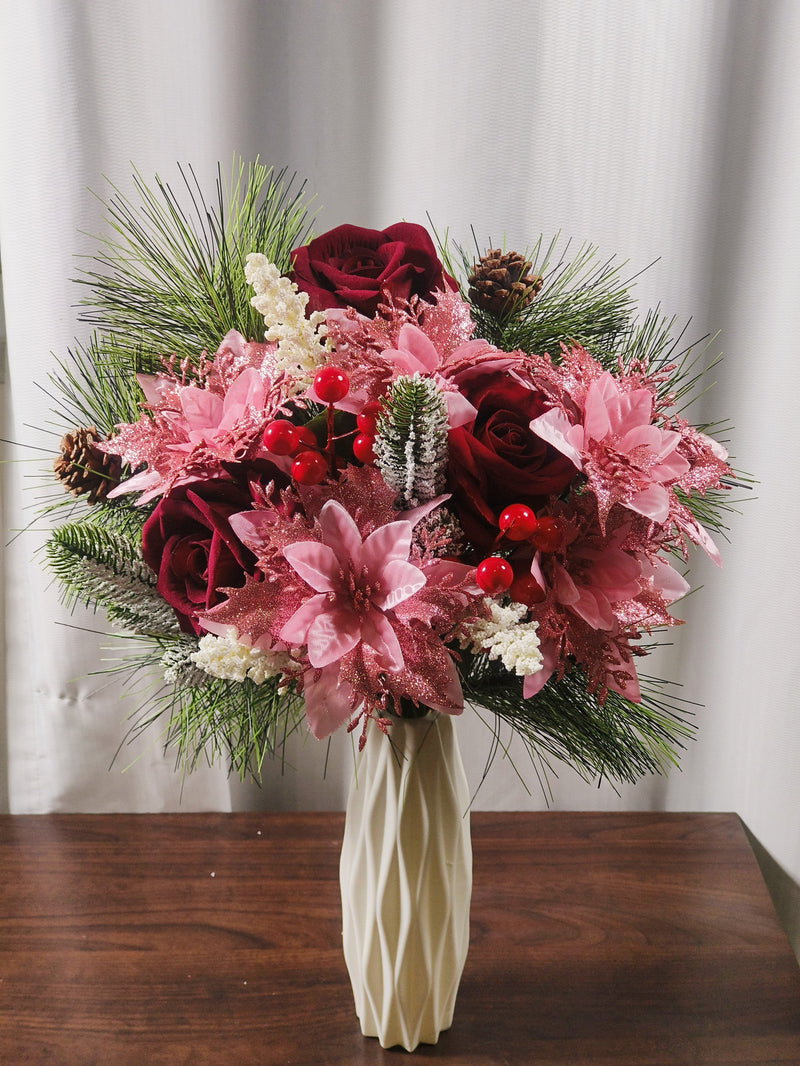 17 Pcs Artificial Christmas Flowers Bouquet, Mixed Colors, Holiday Floral Arrangement