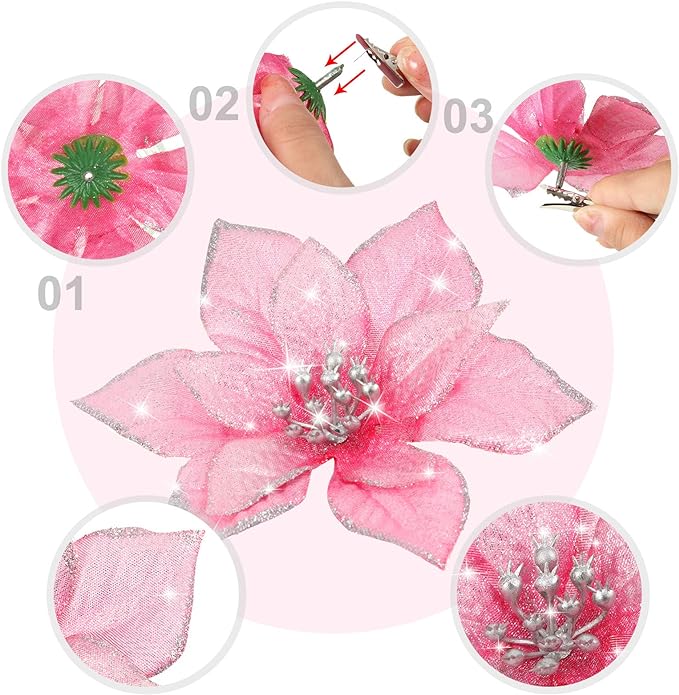 36 Pcs Artificial Christmas Poinsettia Flowers Glitter Hanging Ornaments for Tree Decoration