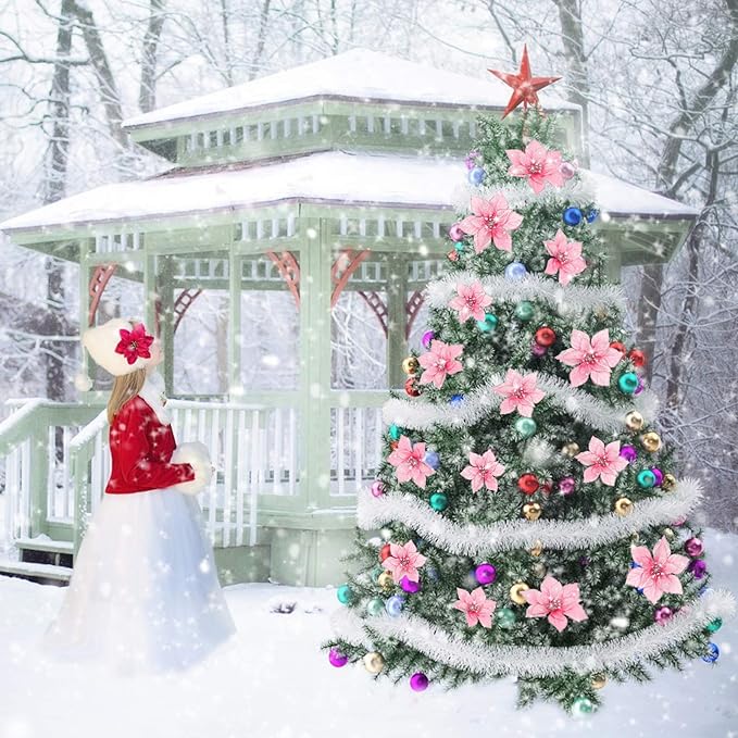 36 Pcs Artificial Christmas Poinsettia Flowers Glitter Hanging Ornaments for Tree Decoration