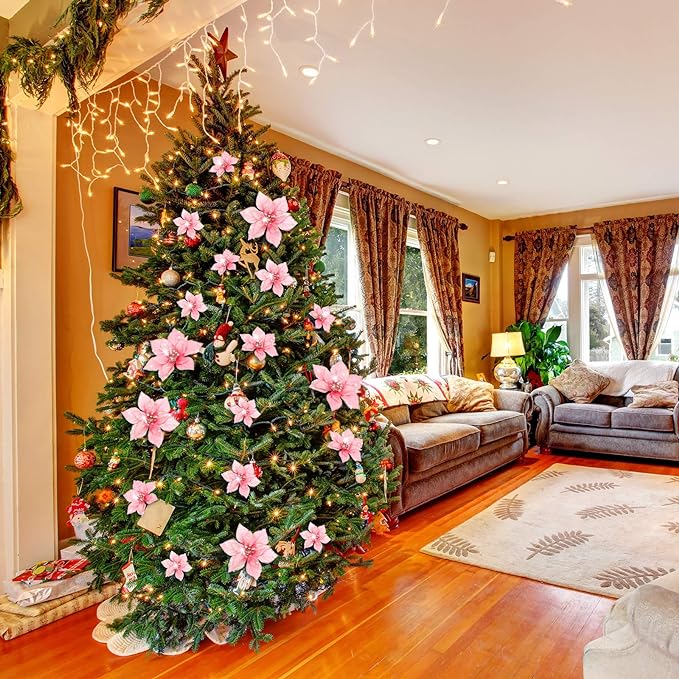 36 Pcs Artificial Christmas Poinsettia Flowers Glitter Hanging Ornaments for Tree Decoration