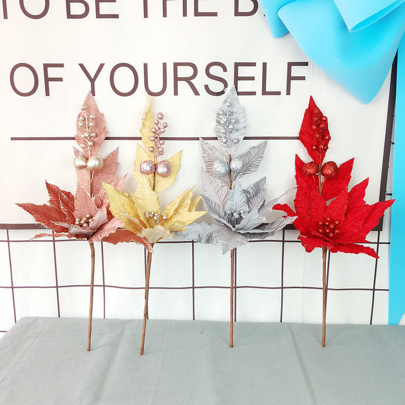 5 Pcs Large Artificial Poinsettia Picks 12 Inch Red Glitter Christmas Flower Stems