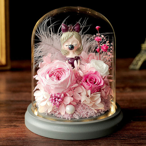 Christmas Princess Girl Preserved Roses Ornaments with Glass Cover Holiday Decoration Gift