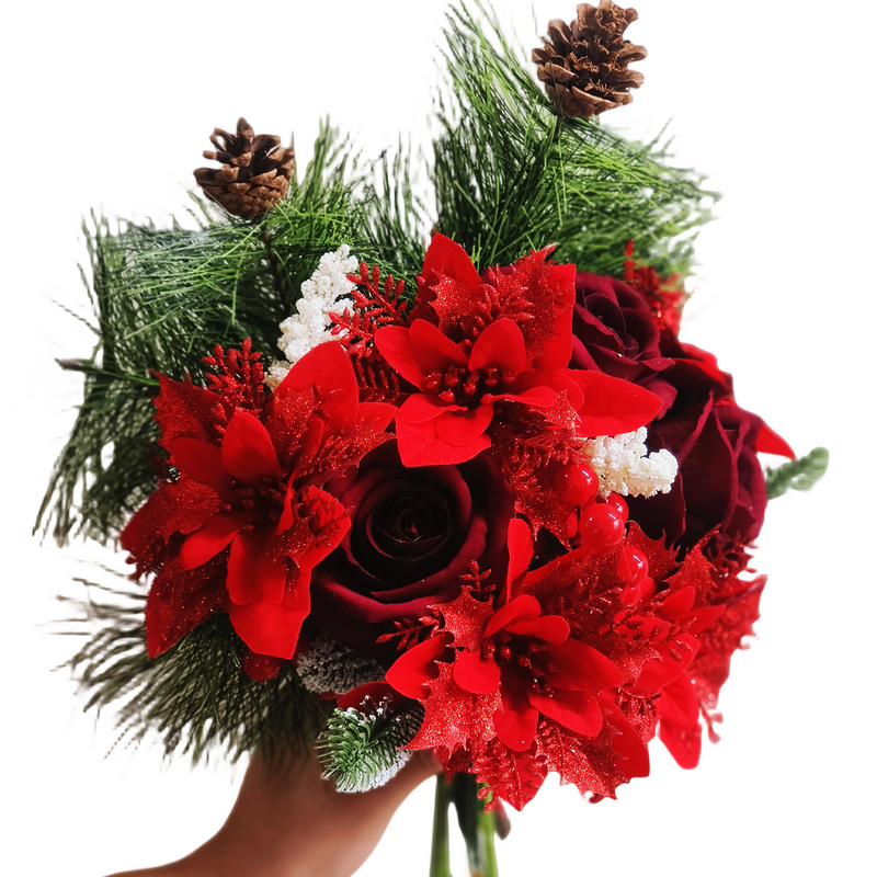 17 Pcs Artificial Christmas Flowers Bouquet, Mixed Colors, Holiday Floral Arrangement