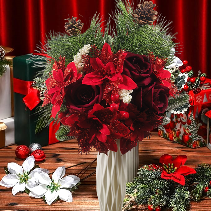 17 Pcs Artificial Christmas Flowers Bouquet, Mixed Colors, Holiday Floral Arrangement