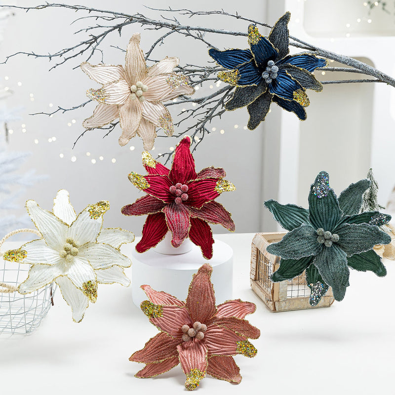 10 Inch Christmas Velvet Artificial Flower with Sequins, 1 Pc, Holiday Craft Decor