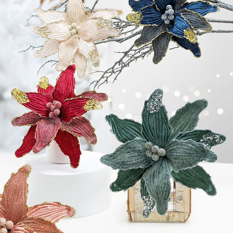 10 Inch Christmas Velvet Artificial Flower with Sequins, 1 Pc, Holiday Craft Decor