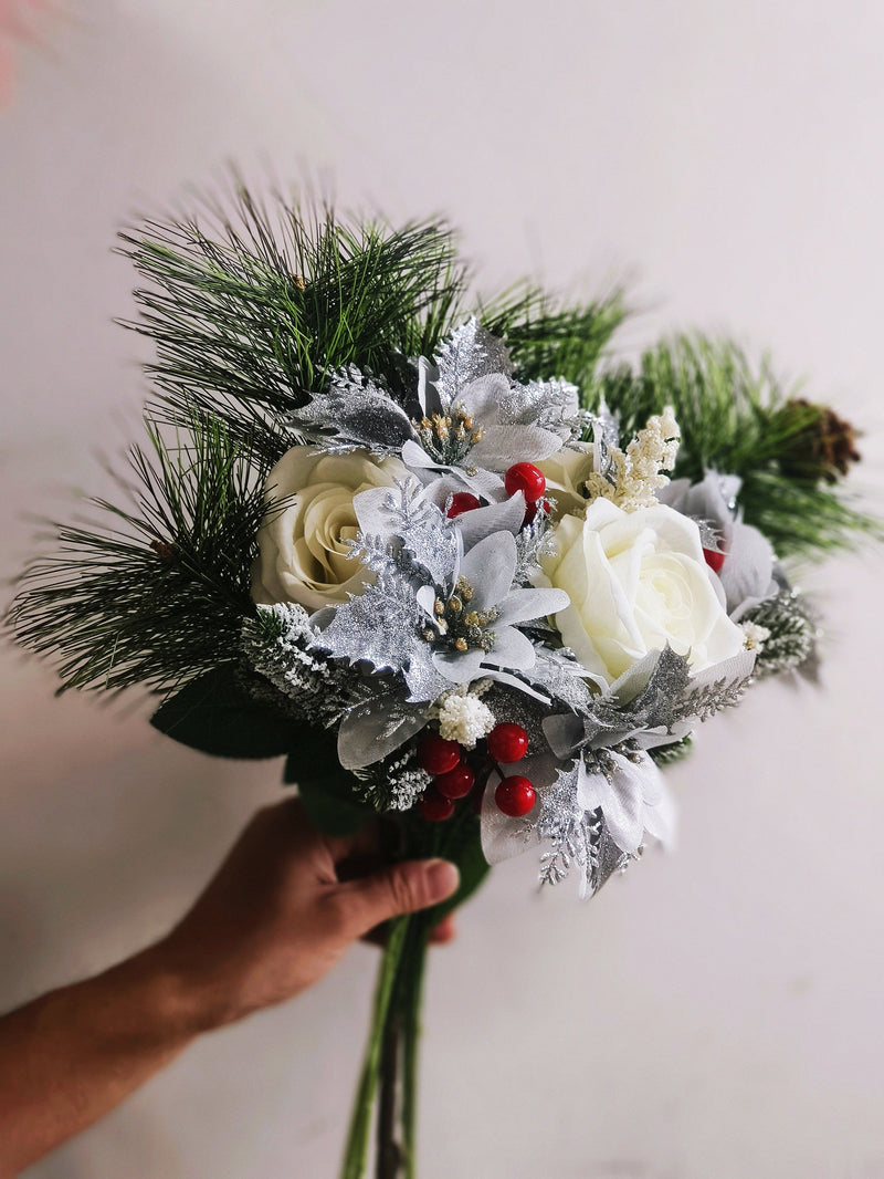 17 Pcs Artificial Christmas Flowers Bouquet, Mixed Colors, Holiday Floral Arrangement