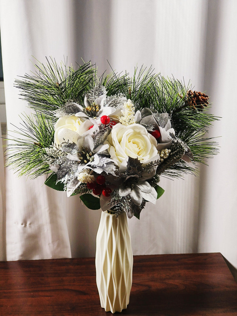 17 Pcs Artificial Christmas Flowers Bouquet, Mixed Colors, Holiday Floral Arrangement