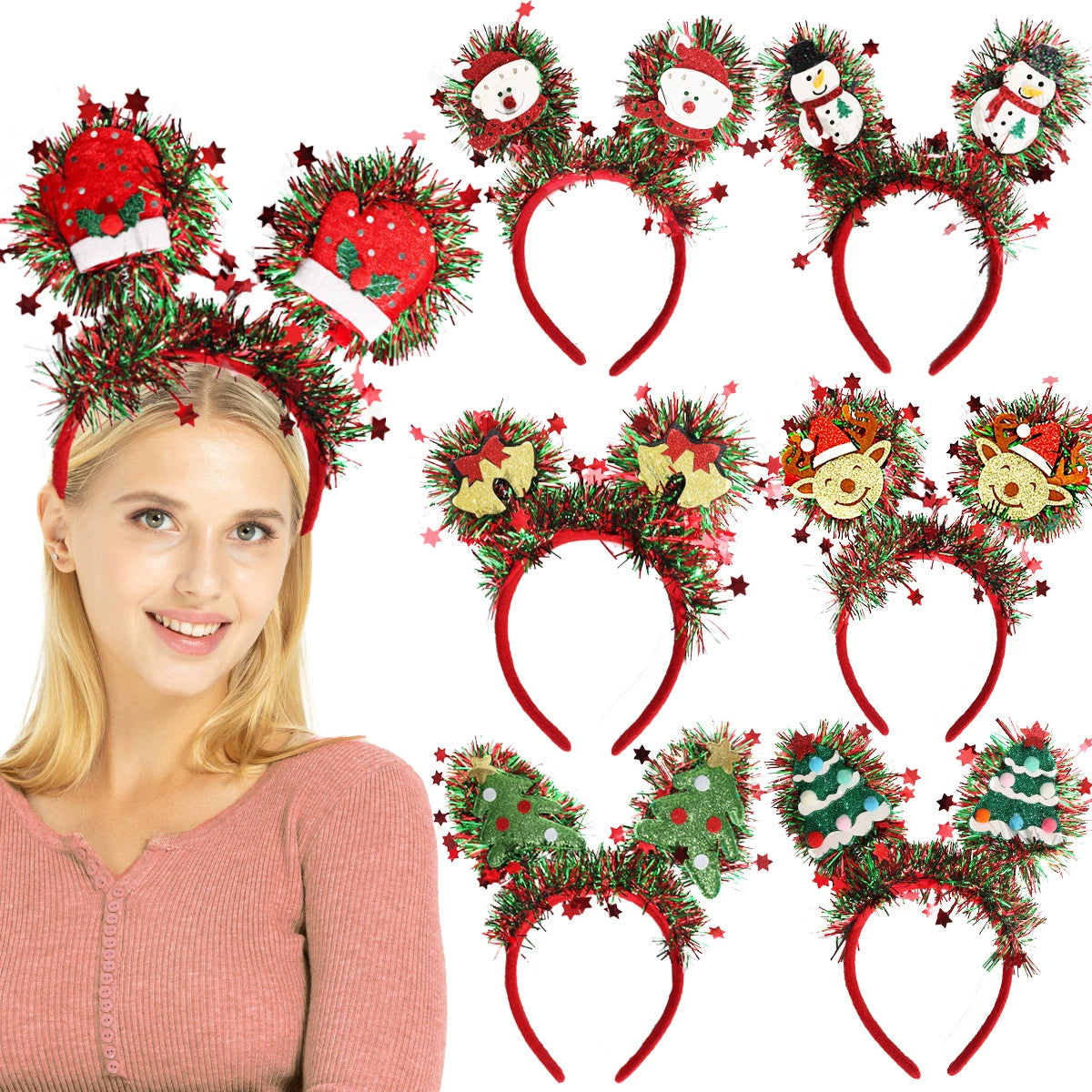 Christmas Sparkly Tinsel Headbands (9”) - Snowman/Reindeer Party Festive Hair Accessories