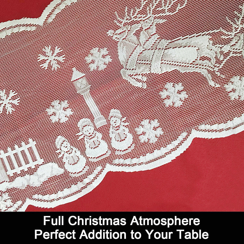 Christmas White Lace Table Runner - Santa Sled Snow Scene Holiday Decor (13" x 72")