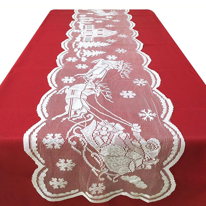 Christmas White Lace Table Runner - Santa Sled Snow Scene Holiday Decor (13" x 72")