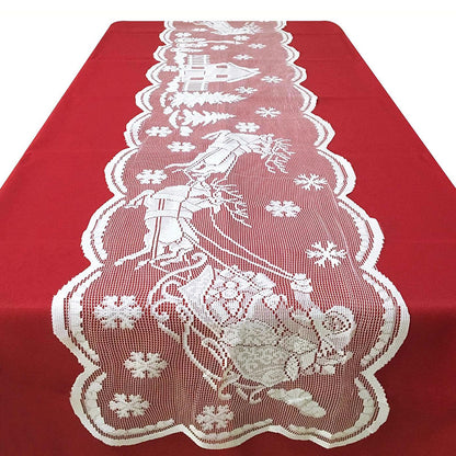 Christmas White Lace Table Runner - Santa Sled Snow Scene Holiday Decor (13" x 72")