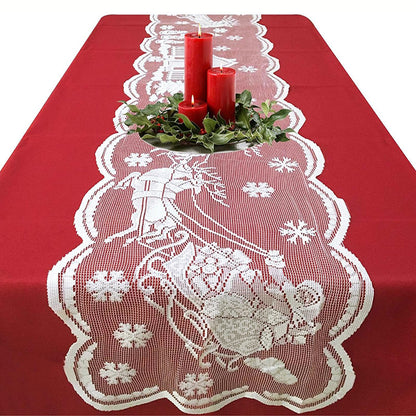 Christmas White Lace Table Runner - Santa Sled Snow Scene Holiday Decor (13" x 72")