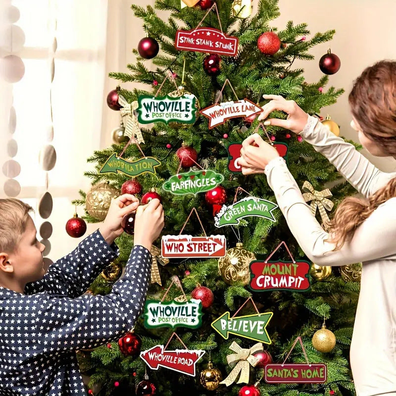 12 Inch Christmas Wooden Sign Ornaments, 12 Pcs Holiday Decor Set