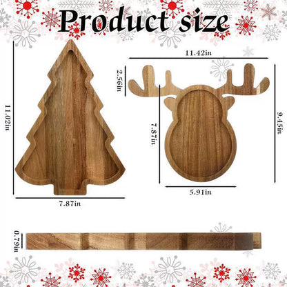 Christmas Wooden Serving Trays - Reindeer & Christmas Tree Shapes for Fruit, Snacks & Holiday Decor