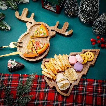 Christmas Wooden Serving Trays - Reindeer & Christmas Tree Shapes for Fruit, Snacks & Holiday Decor