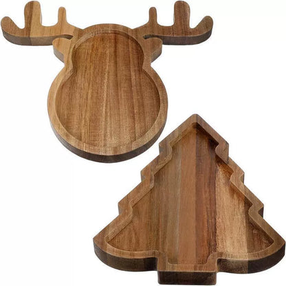 Christmas Wooden Serving Trays - Reindeer & Christmas Tree Shapes for Fruit, Snacks & Holiday Decor