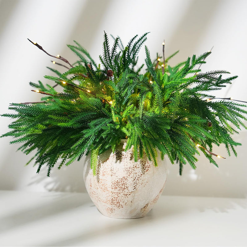 18 Inch Artificial Norfolk Pine Branches with LED Lights, Bulk Christmas Decor, 10 Pcs