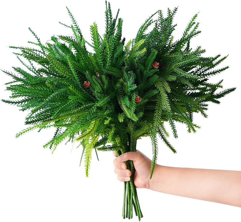18 Inch Artificial Norfolk Pine Branches with LED Lights, Bulk Christmas Decor, 10 Pcs