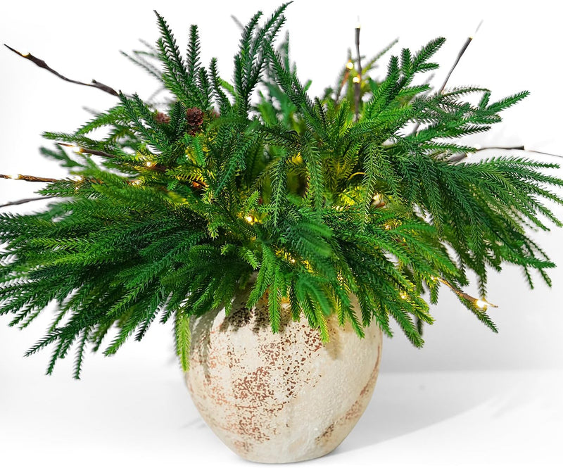 18 Inch Artificial Norfolk Pine Branches with LED Lights, Bulk Christmas Decor, 10 Pcs