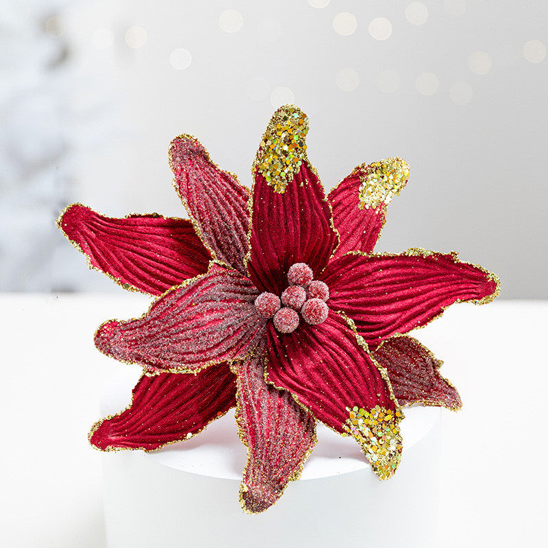 10 Inch Christmas Velvet Artificial Flower with Sequins, 1 Pc, Holiday Craft Decor