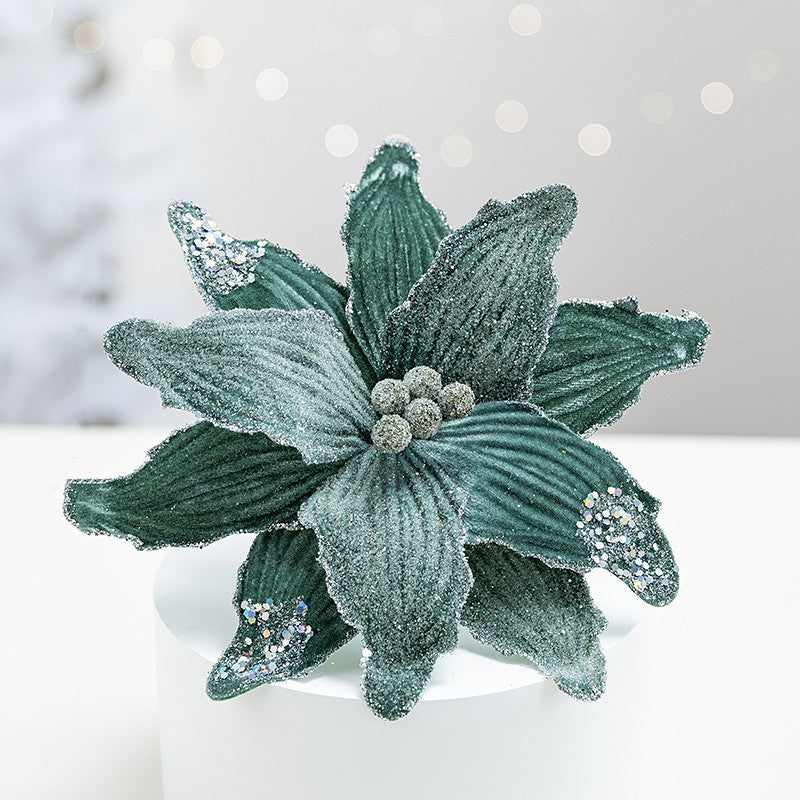 10 Inch Christmas Velvet Artificial Flower with Sequins, 1 Pc, Holiday Craft Decor