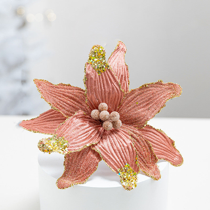 10 Inch Christmas Velvet Artificial Flower with Sequins, 1 Pc, Holiday Craft Decor
