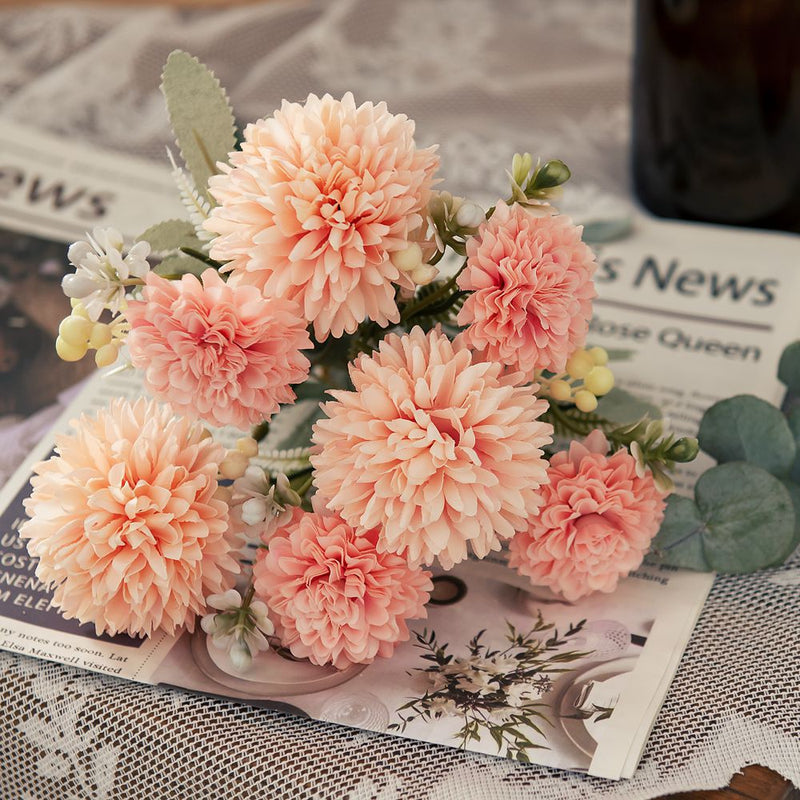12.4 Inch Artificial Mixed Bouquet 10 Stems Pompon Chrysanthemums Dahlias Berries Silk Flowers