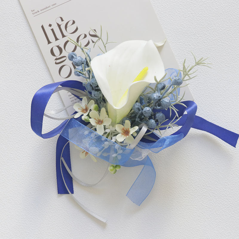 White and Blue Artificial Flower Wrist Corsage and Men’s Boutonniere Set for Wedding – Bulk Pack