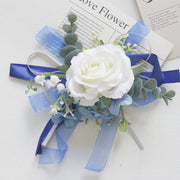 White and Blue Artificial Flower Wrist Corsage and Men’s Boutonniere Set for Wedding – Bulk Pack