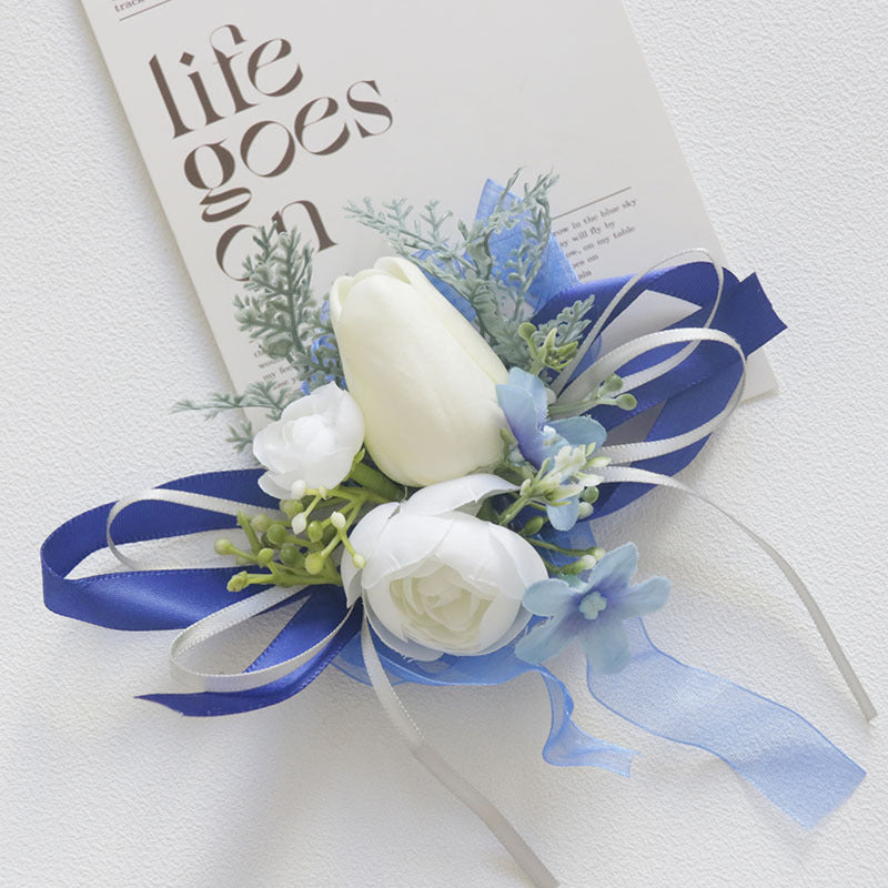 White and Blue Artificial Flower Wrist Corsage and Men’s Boutonniere Set for Wedding – Bulk Pack