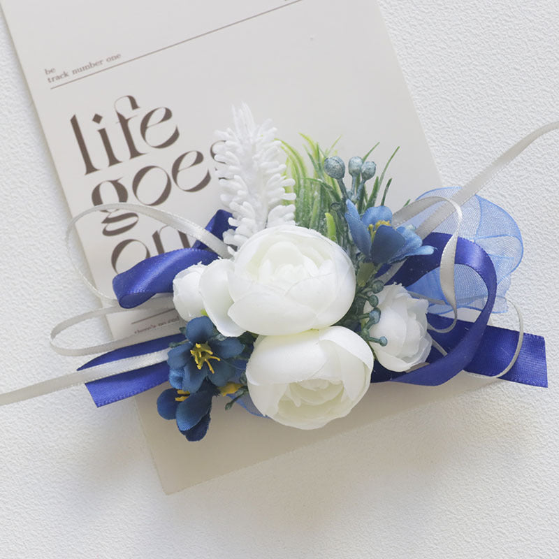 White and Blue Artificial Flower Wrist Corsage and Men’s Boutonniere Set for Wedding – Bulk Pack