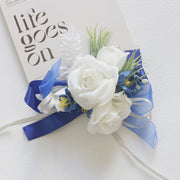 White and Blue Artificial Flower Wrist Corsage and Men’s Boutonniere Set for Wedding – Bulk Pack