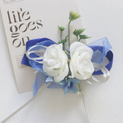White and Blue Artificial Flower Wrist Corsage and Men’s Boutonniere Set for Wedding – Bulk Pack