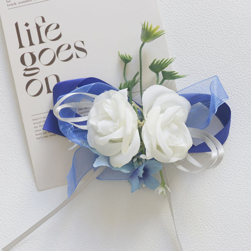 White and Blue Artificial Flower Wrist Corsage and Men’s Boutonniere Set for Wedding – Bulk Pack