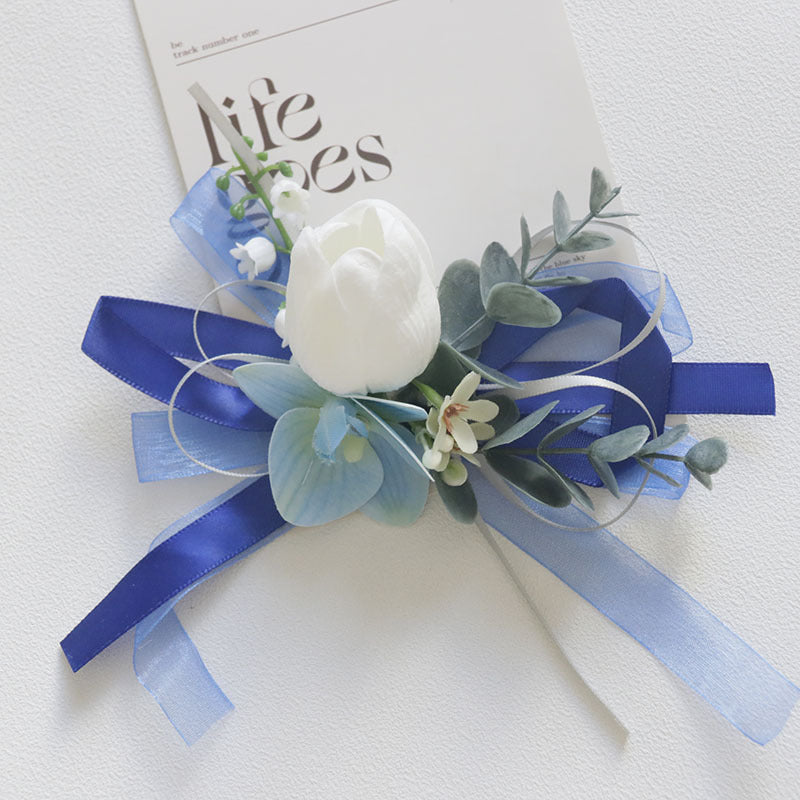 White and Blue Artificial Flower Wrist Corsage and Men’s Boutonniere Set for Wedding – Bulk Pack