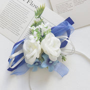 White and Blue Artificial Flower Wrist Corsage and Men’s Boutonniere Set for Wedding – Bulk Pack