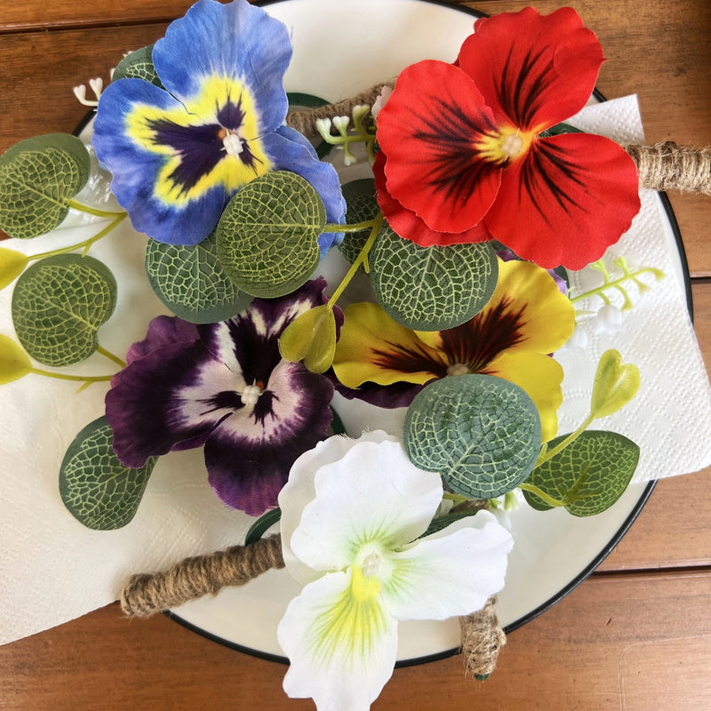 Pansy Flower Wrist Corsage and Men Boutonniere Set for Wedding Party, Bulk Artificial Floral Wristlet Bands