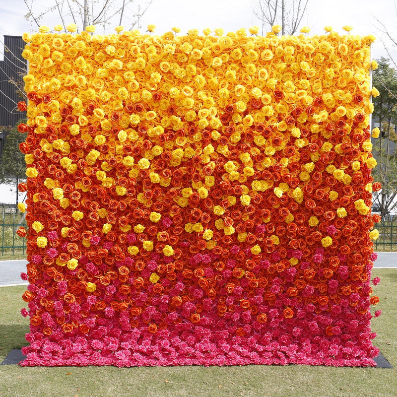 5D Artificial Rose Flower Wall Arrangement, Orange Yellow Fuchsia, Bulk Panel for Events