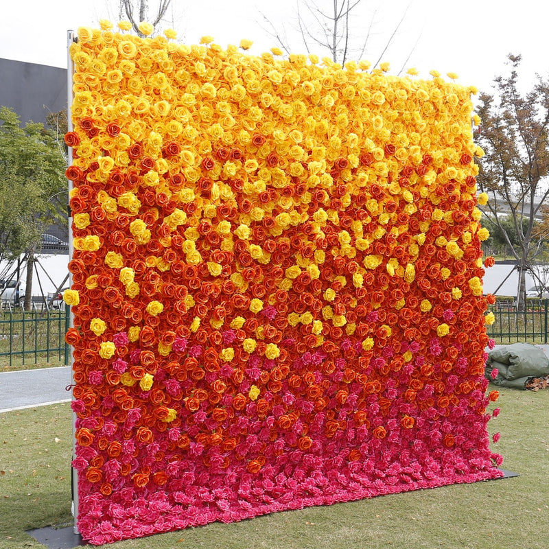 5D Artificial Rose Flower Wall Arrangement, Orange Yellow Fuchsia, Bulk Panel for Events