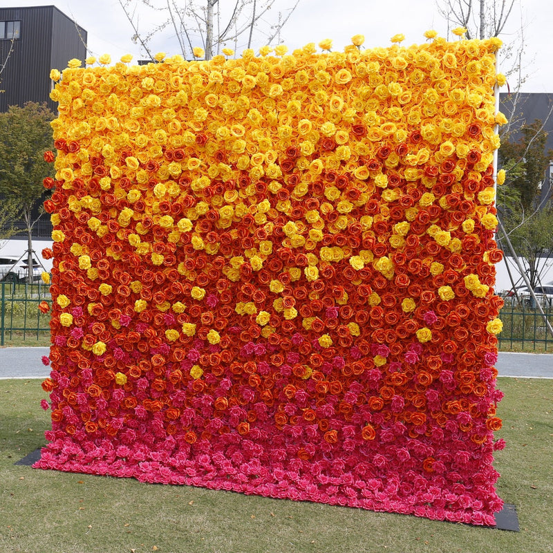 5D Artificial Rose Flower Wall Arrangement, Orange Yellow Fuchsia, Bulk Panel for Events