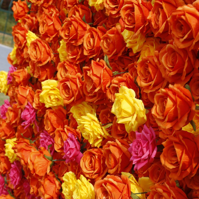5D Artificial Rose Flower Wall Arrangement, Orange Yellow Fuchsia, Bulk Panel for Events