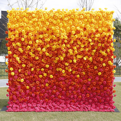 5D Artificial Rose Flower Wall Arrangement, Orange Yellow Fuchsia, Bulk Panel for Events