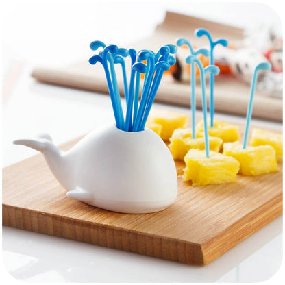 Cute Whale Fruit Forks Set, 3.94×1.93×1.77 Inch Animal Fruit Picks with White Whale Holder