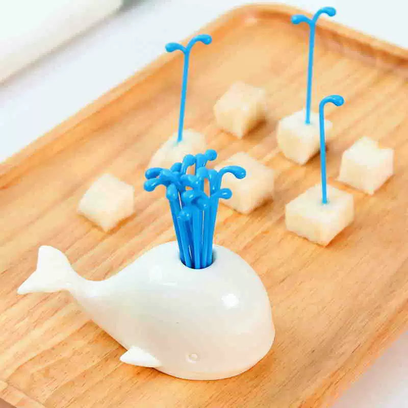 Cute Whale Fruit Forks Set, 3.94×1.93×1.77 Inch Animal Fruit Picks with White Whale Holder