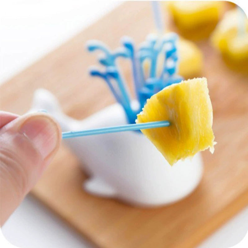 Cute Whale Fruit Forks Set, 3.94×1.93×1.77 Inch Animal Fruit Picks with White Whale Holder